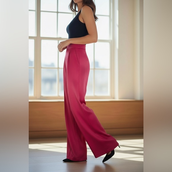 Zara Pants - Zara Red Shimmer High-Waist Pleated Wide Leg Pants Size S